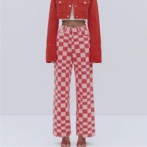 Zara Wide Leg High Rise Red Pink Checkered Print Jean